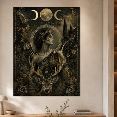 Dunkles Wandbild oder Fine Art Print mit Artemis und Hirsch