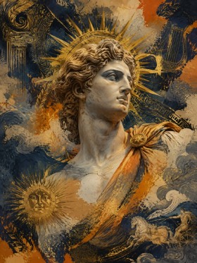 Antike Büste mit goldener Sonne, Gallery Print und Kunstdruck