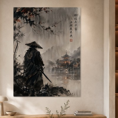 Samurai im Regen, Kunstwerk oder Wandbild in japanischer Tuscheästhetik