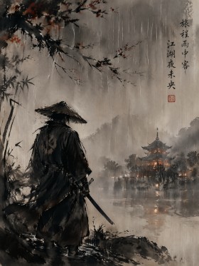 Samurai im Regen, Kunstwerk oder Wandbild in japanischer Tuscheästhetik