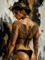 Modernes Wandbild oder Poster mit expressiver Frauenfigur und goldenen Akzenten