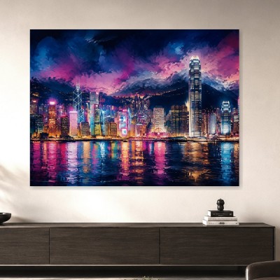 Neon Skyline bei Nacht als Modernes Wandbild oder Acrylbild