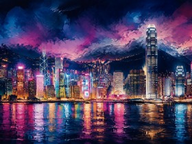 Neon Skyline bei Nacht als Modernes Wandbild oder Acrylbild