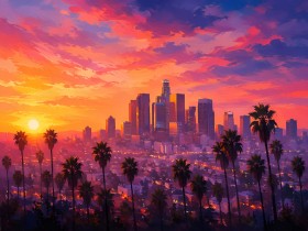 Sonnenuntergang über Los Angeles, Modernes Wandbild oder Poster