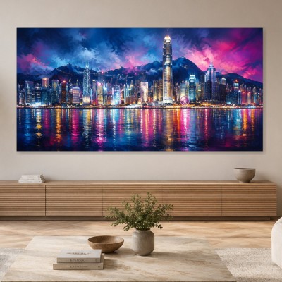 Leuchtende Skyline als Acrylbild oder Modernes Wandbild