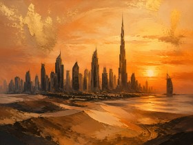 Dubai Skyline bei Sonnenuntergang, Modernes Wandbild oder Fine Art Print