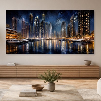 Nächtliche Skyline am Wasser, Architektur oder Modernes Wandbild