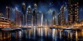 Nächtliche Skyline am Wasser, Architektur oder Modernes Wandbild
