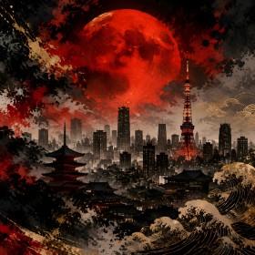 Tokyo Skyline bei rotem Mond, Wandbild oder Fine Art Print
