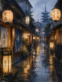 Japanische Altstadt bei Regen, Wandbild oder Fine Art Print
