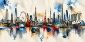 Weltstadt-Skyline als Modernes Wandbild und Kunstdruck
