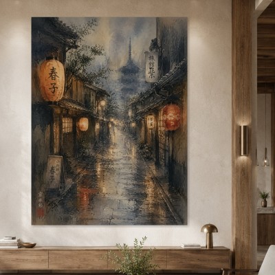 Japanische Gasse bei Regen, Leinwand oder Kunstdruck mit Laternen