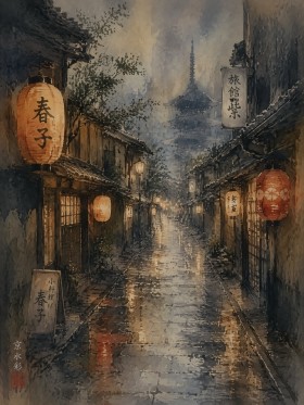 Japanische Gasse bei Regen, Leinwand oder Kunstdruck mit Laternen