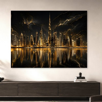 Goldene Skyline bei Nacht als Wandbild oder Acrylbild