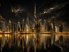Goldene Skyline bei Nacht als Wandbild oder Acrylbild