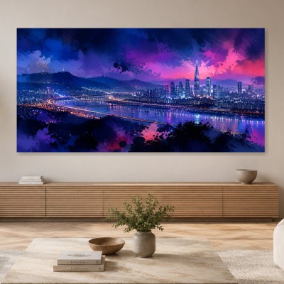 Leuchtende Stadtansicht als Kunstwerk oder Wandbild in Neonfarben