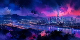 Leuchtende Stadtansicht als Kunstwerk oder Wandbild in Neonfarben