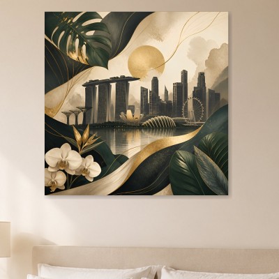 Urbanes Skyline Kunstwerk und Acrylbild mit tropischer Eleganz
