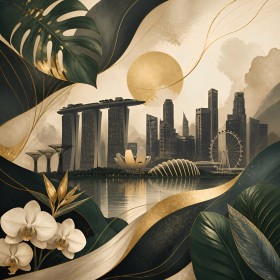 Urbanes Skyline Kunstwerk und Acrylbild mit tropischer Eleganz