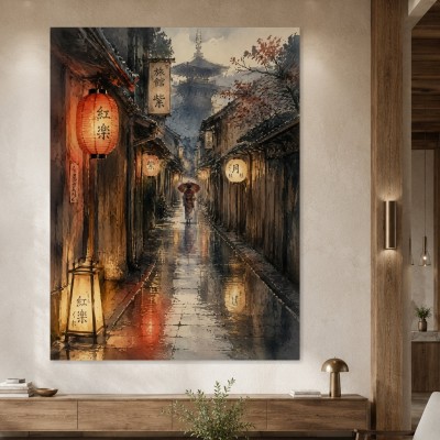 Japanische Gasse im Regen, Wandbild oder Kunstdruck mit Laternen