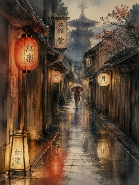 Japanische Gasse im Regen, Wandbild oder Kunstdruck mit Laternen