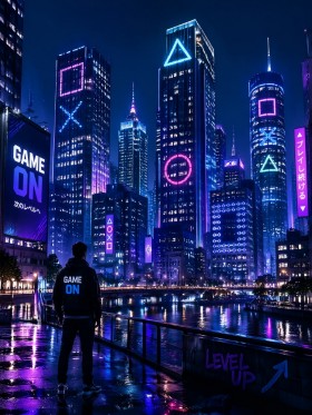Neonstadt bei Nacht als Modernes Wandbild oder Poster