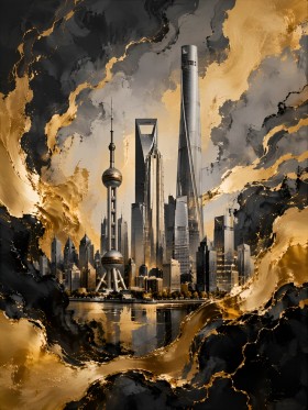 Shanghai Skyline zwischen Leinwand und Poster in Gold und Schwarz