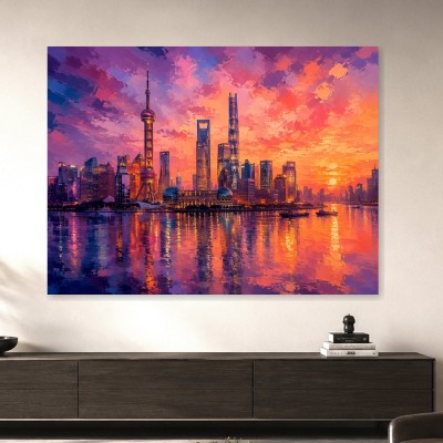 Shanghai Skyline bei Sonnenuntergang, Modernes Wandbild oder Fine Art Print