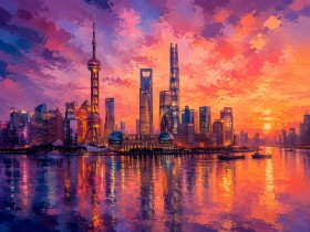 Shanghai Skyline bei Sonnenuntergang, Modernes Wandbild oder Fine Art Print
