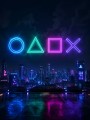 Neon Skyline mit Symbolen als Acrylbild oder Gallery Print