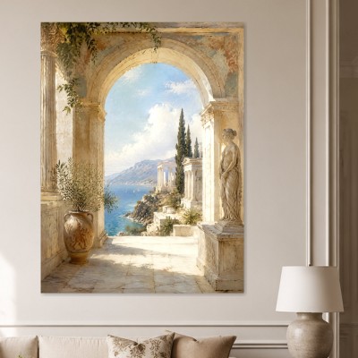 Mediterrane Arkade am Meer als Leinwand oder Poster