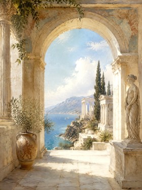 Mediterrane Arkade am Meer als Leinwand oder Poster