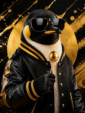 Stylischer Pinguin mit Goldakzenten als Poster oder Leinwand