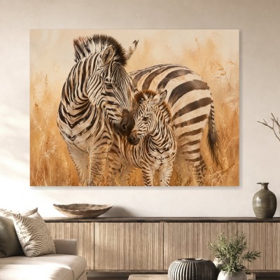 Zebra mit Jungtier als Leinwand oder Kunstdruck für stilvolle Räume