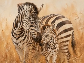 Zebra mit Jungtier als Leinwand oder Kunstdruck für stilvolle Räume