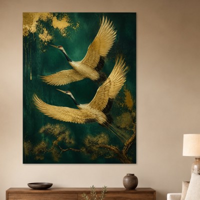 Elegante Kraniche im Flug, Modernes Wandbild oder Fine Art Print