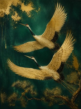 Elegante Kraniche im Flug, Modernes Wandbild oder Fine Art Print