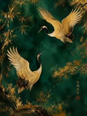 Kraniche auf Dunkelgrün, Kunstwerk und Wandbild in Gold