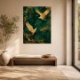 Kraniche auf Dunkelgrün, Kunstwerk und Wandbild in Gold