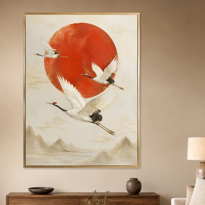 Elegante Kraniche vor roter Sonne, Wandbild oder Kunstdruck