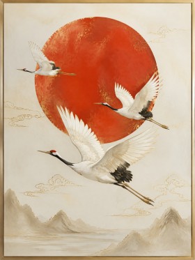 Elegante Kraniche vor roter Sonne, Wandbild oder Kunstdruck
