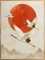 Elegante Kraniche vor roter Sonne, Wandbild oder Kunstdruck