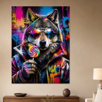 Bunter Wolf mit Sonnenbrille, Poster oder Modernes Wandbild