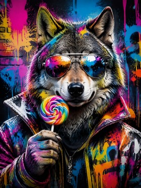 Bunter Wolf mit Sonnenbrille, Poster oder Modernes Wandbild Bunter Wolf mit Sonnenbrille, Poster oder Modernes Wandbild
