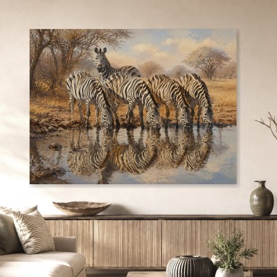 Zebras am Wasserloch, Leinwand oder Fine Art Print