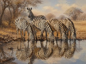 Zebras am Wasserloch, Leinwand oder Fine Art Print