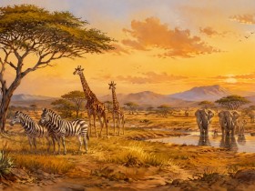 Safari bei Sonnenuntergang als Leinwand oder Poster