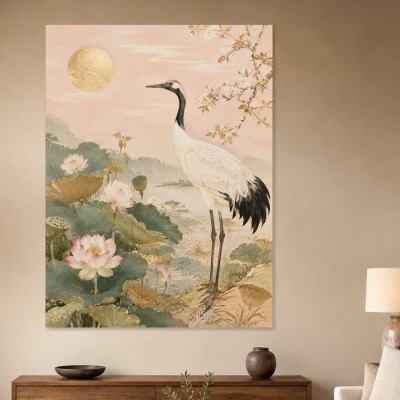 Eleganter Kranich am Lotussee als Kunstdruck oder Leinwand