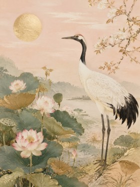 Eleganter Kranich am Lotussee als Kunstdruck oder Leinwand
