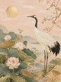 Eleganter Kranich am Lotussee als Kunstdruck oder Leinwand